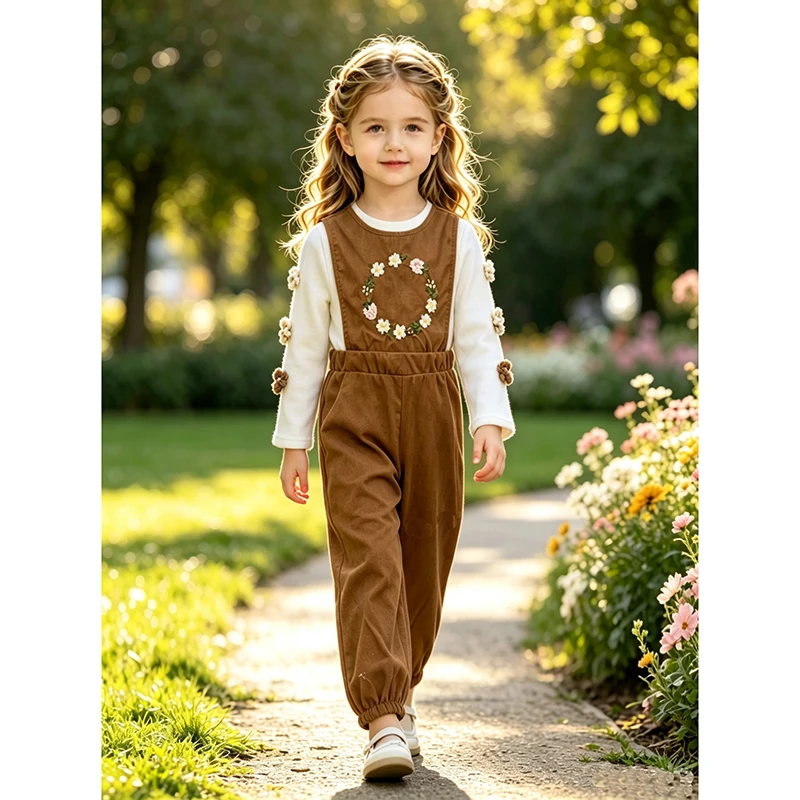 Girls 4‑7Y Spring Fall Casual Clothing Set Button‑Back Corduroy Jumpsuit Sweet Floral Cuff Ribbed Long Sleeve Top