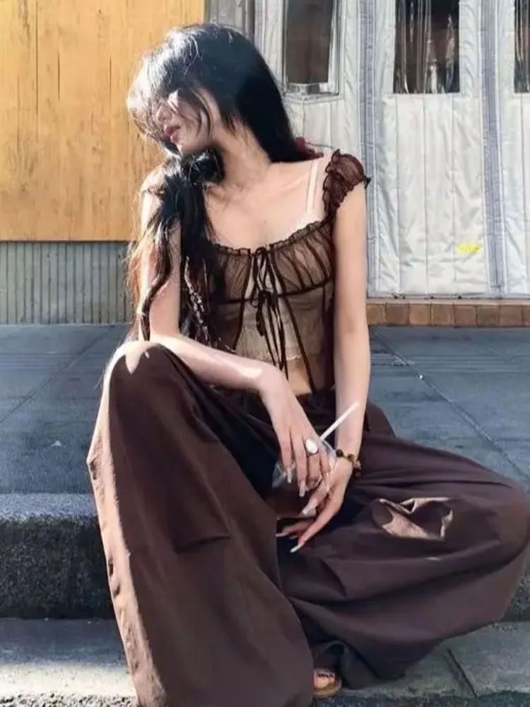 Retro Lace Up Cardigan Crop Top Women Y2k Aesthetic Slim Fit Transparent T-shirts 2026 Summer Spicy Girl Versatle Tops