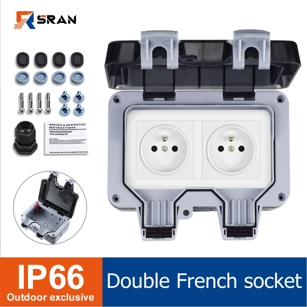 SRAN Outdoor Waterproof Socket 220V 16A French standard Electrical Socket Double For Garden Garage Basement