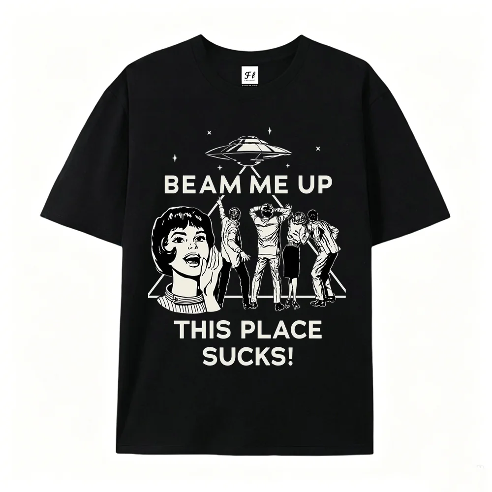 Vintage Retro UFO Alien Abduction Graphic T Shirt Unisex 50s Sci-fi Cartoon Print Short Sleeve Tee Funny Aesthetic Casual Tops