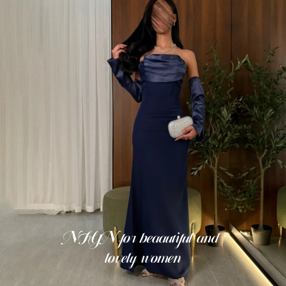 

NFYN Navy Blue Elegant Formal Gown Strapless Backless Prom Dresses Satin Mermaid Evening Dress for Woman robe de bal Customized