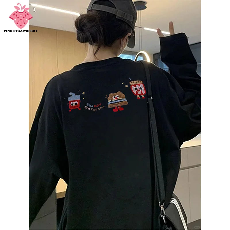 

Burger fries Cartoon Print T-shirt Women Autumn 2025 New 100% Cotton Oversize Black Long-sleeved T-shirt Y2k Tops kawaii clothes