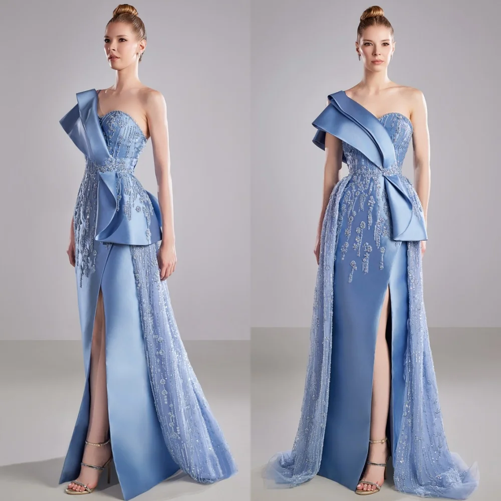

Customized Temperament Blue Satin Evening Dresses Fashion One Shoulder Homecoming Dresses Exquisite Special Occasion Gowns