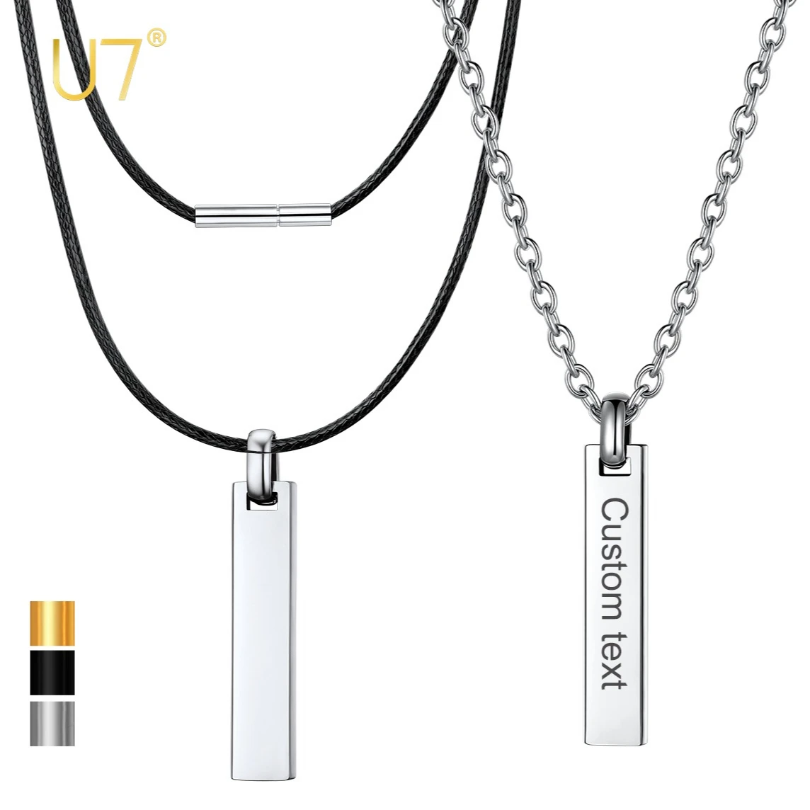 U7 Custom Text Rectangle Band Pendant Necklaces with Rolo Chain/Wax Cord Personalized Text/Name/Date Engraved Jewelry Gif
