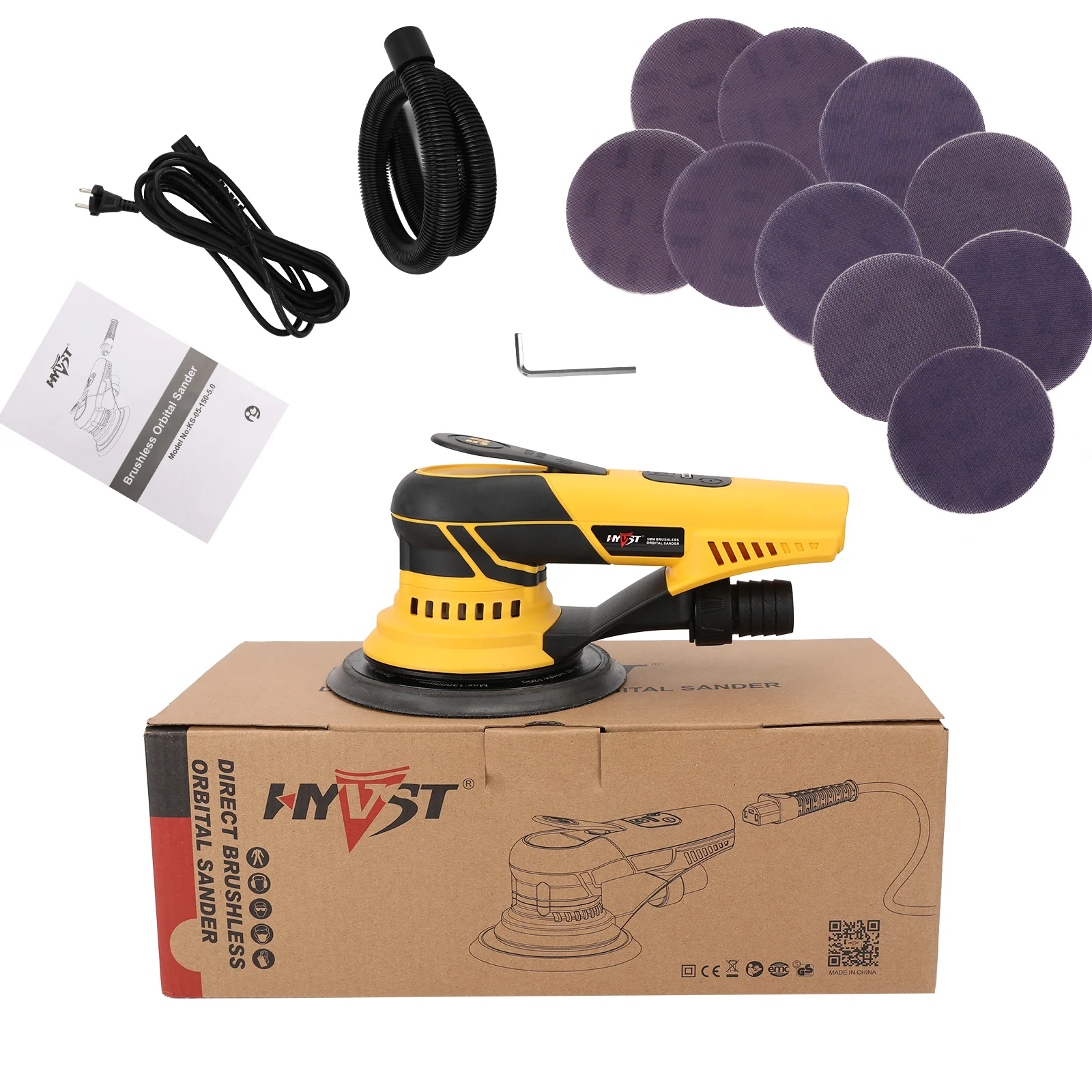 HYVST 6 Inch Wall Grinding Machine Brushless Variable Speed Pluggable Wire For Car Polisher Wood Corners Mini Orbital Sander