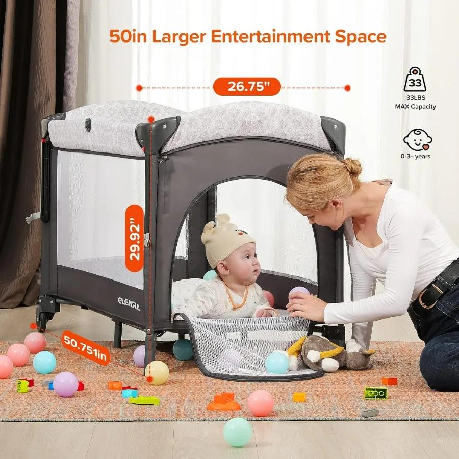 Culla da comodino per bambini da 50 pollici con fasciatoio, confezione e gioco con materasso e copertura oscurante per bambini, box 4 in 1 Trav