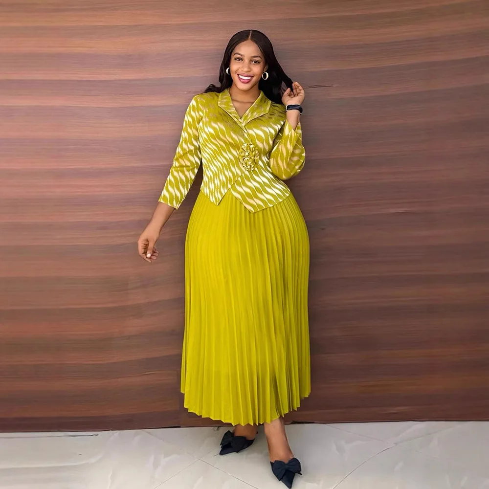 

Pleated Women's 2025 New Gold-plated Lapels Fake Two-piece Fashion Elegant Leisure Pleated A-line Skirt Ladies