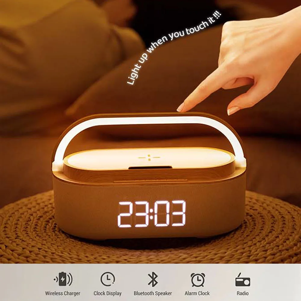 Rechargeable FM Radio LED Alarm Clock with 15W Wireless Charger,Bluetooth Speaker and Night Light Function. Gift Ideas for Decor