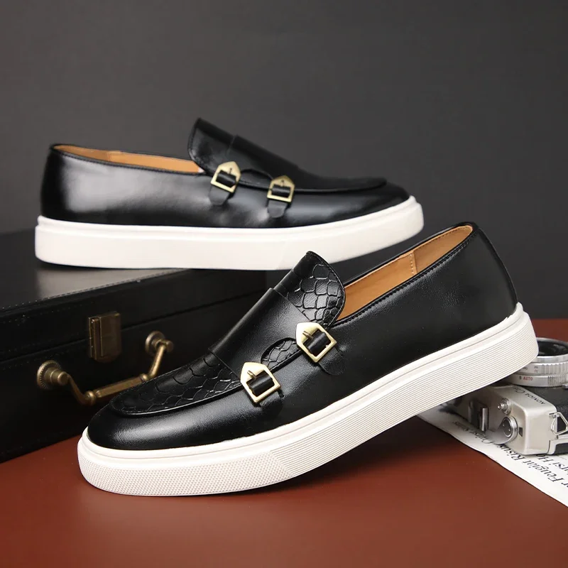 

New Black Men Sneakers Slip-On Solid Double Buckle Brown Platform Shoes Men's Vulcanize Shoes Size 38-46