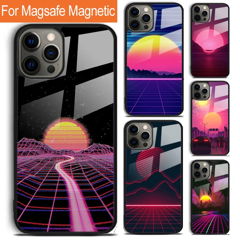 Synthwave Sun Neon 80's Phone Case For iPhone 16 15 14 13 12 11 Pro Max Plus Magsafe Magnetic Wireless Charging Cover