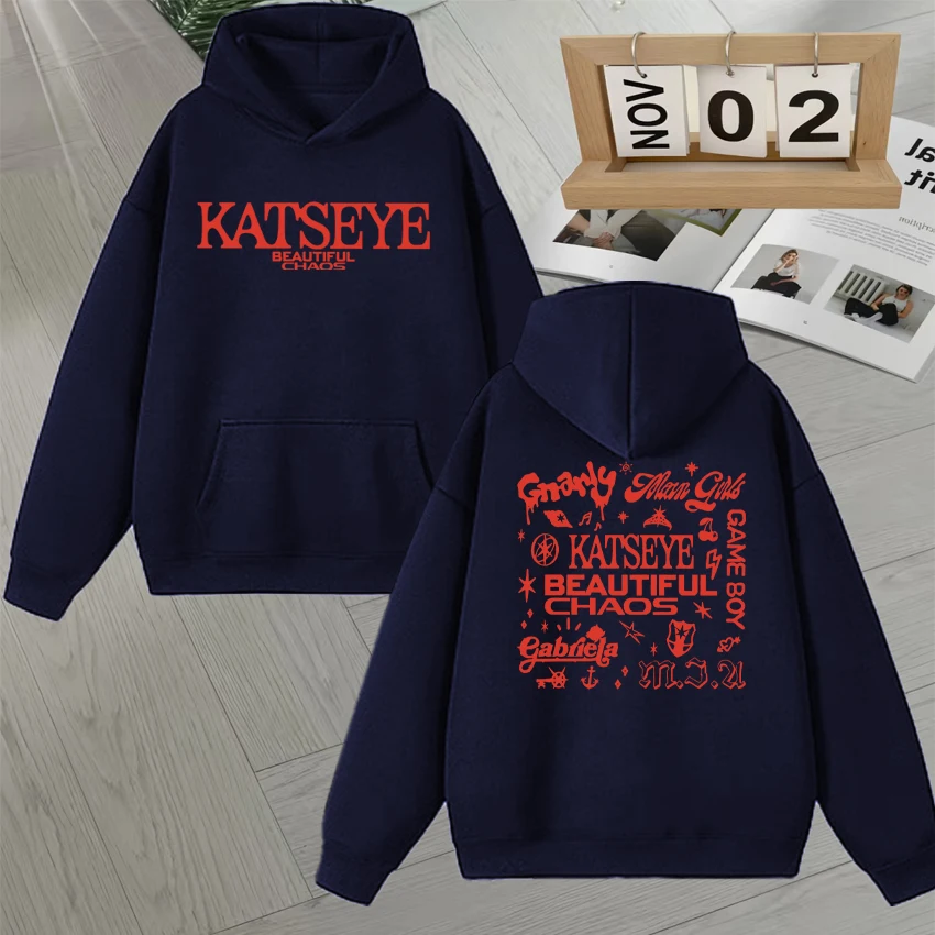 Fashion Retro Katseye Beautiful Chaos Tracklist Double Sided Print Hoodie Long sleeve Men Women Autumn Winter vintage Sweatshirt