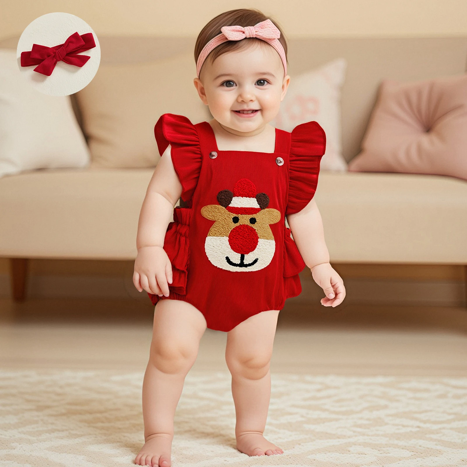 

Baby Girl Christmas Outfit Fly Sleeve Embroidery Elk Romper Overalls with Hairband for Casual Daily
