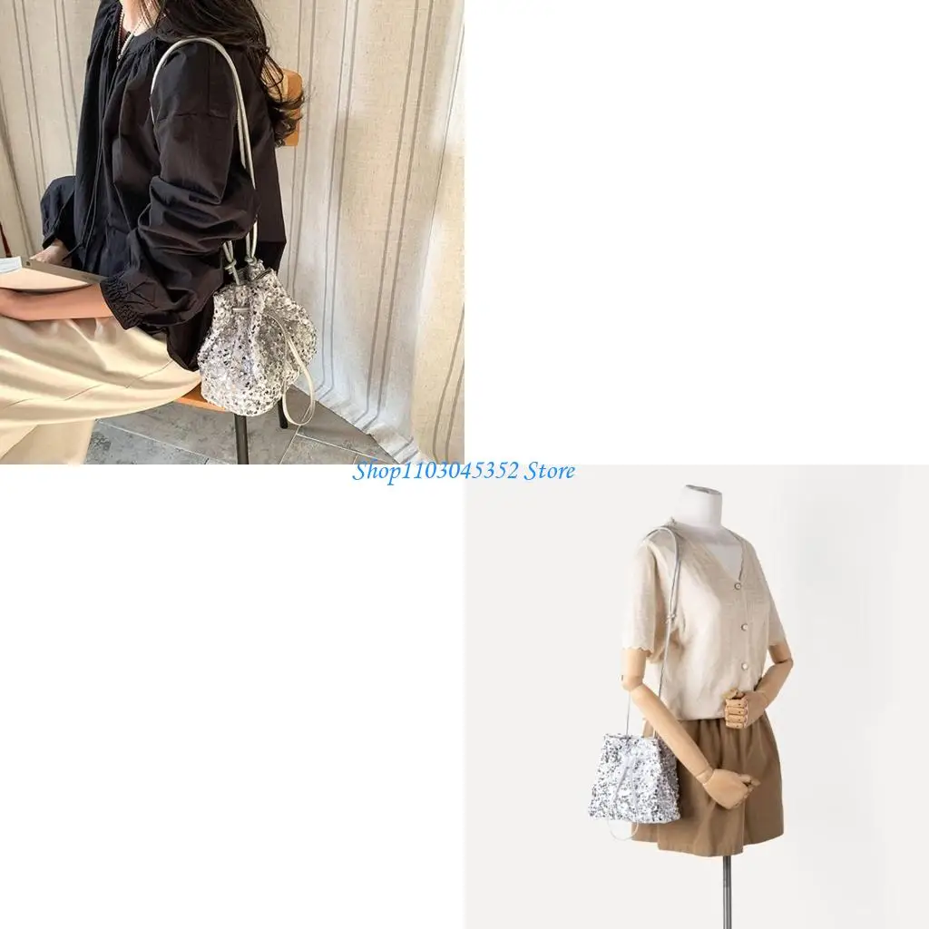 

Сумка-ведро на шнурке с блестками, сумка через плечо, вечерняя сумка, модная сумка через плечо