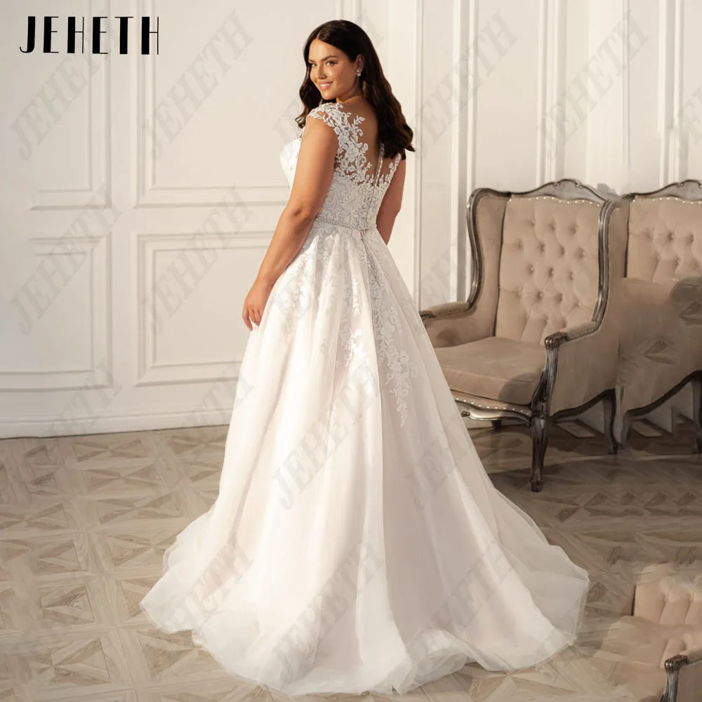 JEHETH-exquisito vestido de novia de talla grande para mujer, mangas casquillo, apliques, ilusión, línea A, tul, cuello redondo