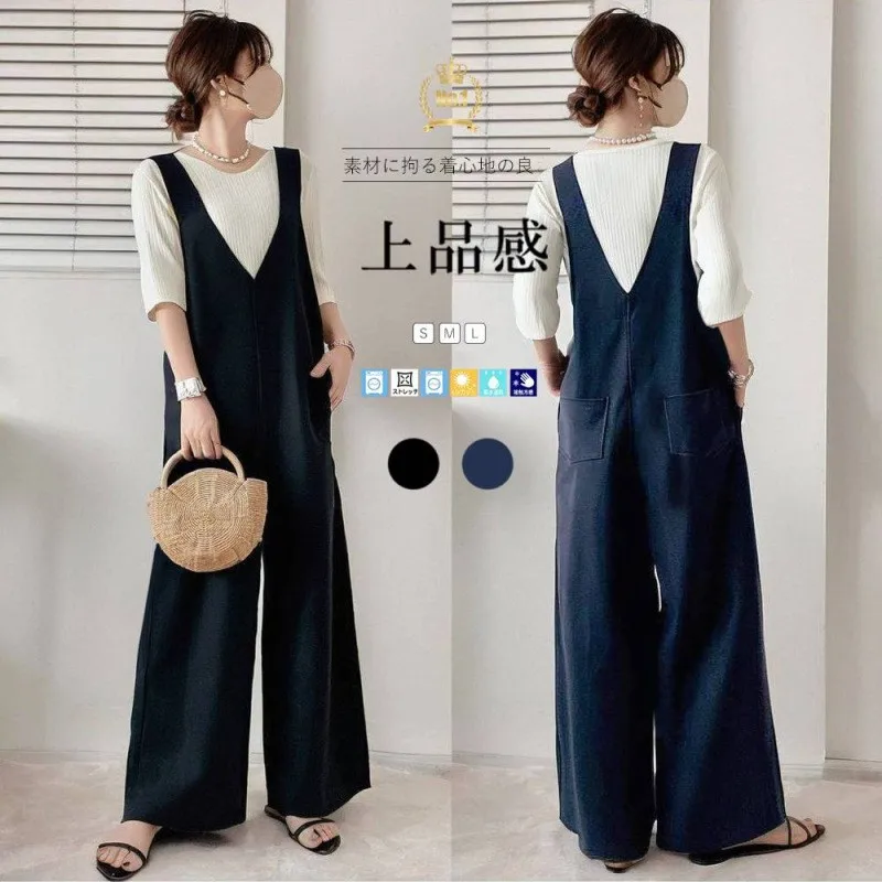 

Women's Jumpsuit Loose Fit Wide Leg Romper Sleeveless Overalls With Pocket Elastic Waist V Neck Solid Color Navy Blue Black For