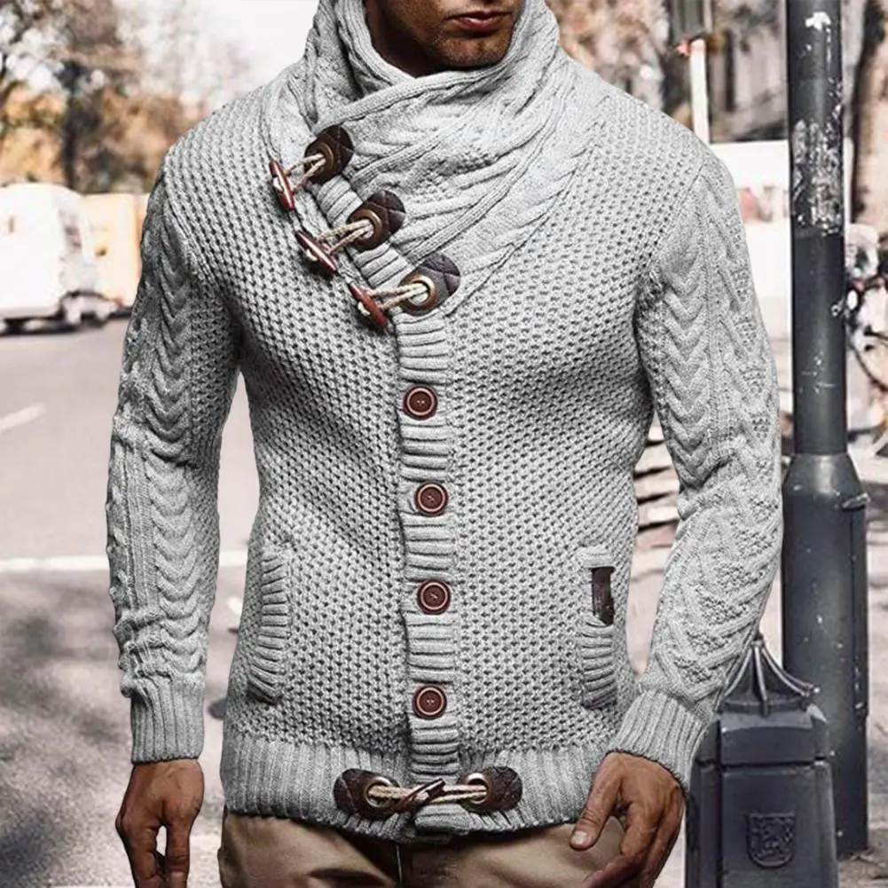 Vintage Turtleneck Horn Buttons Sweater High Collar Cardigan Sweater Long Sleeve Single Breasted Slim Fit Knitting Men Knitwear