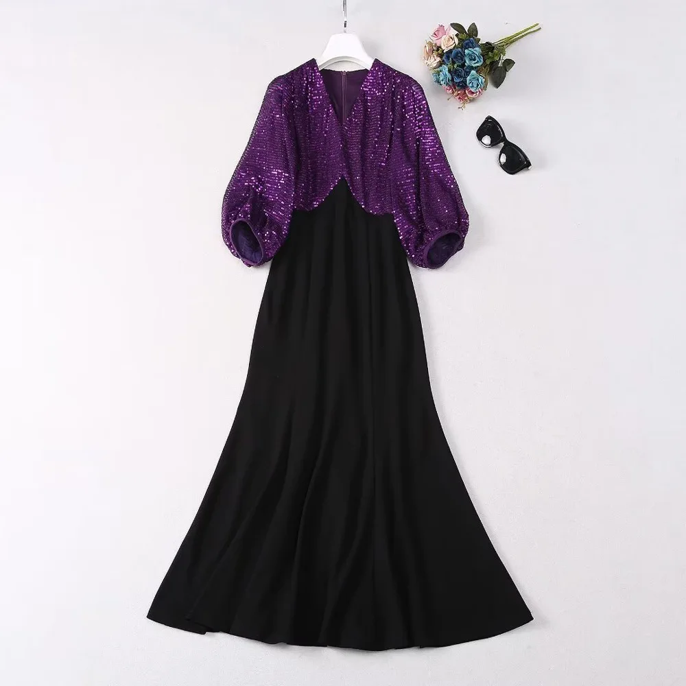 

Europe and the United States women's 2024 summer new Seven-point sleeve V-neck studded purple splicing Fashion dress XXL