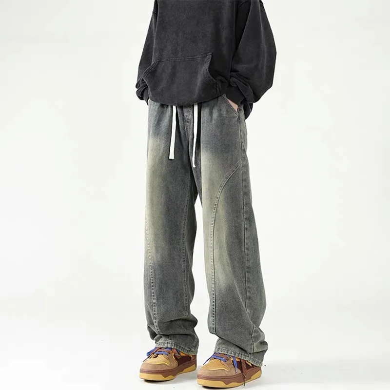 

American Style High Street Men's Jeans Casual Washed Patchwork Vintage Straight Leg Pants Versatile Loose Wide Leg Jeans