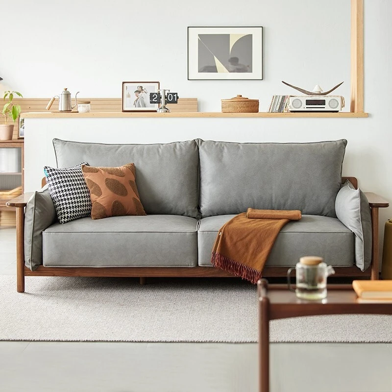 Solid wood sofa, black walnut cloth, three-person small apartment sofa in the living room