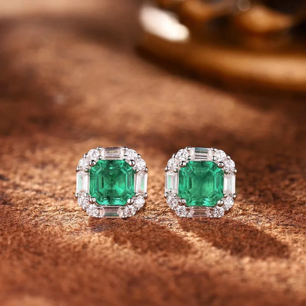 Vintage Luxury Emerald 5A Zircon Halo Square Stud Earrings Stud Earrings for Women Colored Gemstone Evening Party Jewelry Gift