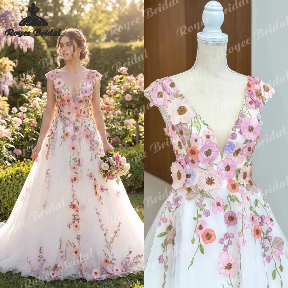 Floral Appliques Tulle A Line Wedding Dresses 2026 Backless V Neck Beach Bridal Gown Customized vestido de novia