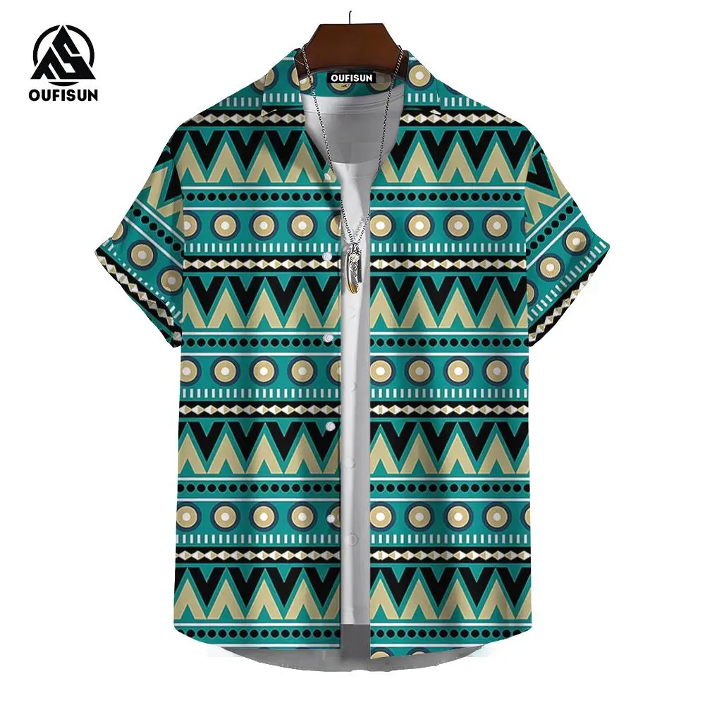 Vintage Hawaiian Shirts For Men Ethnic Pattern Printed Short Sleeve Tops Fashion Casual Men Clothing Loose Oversized Men\'s Shirt