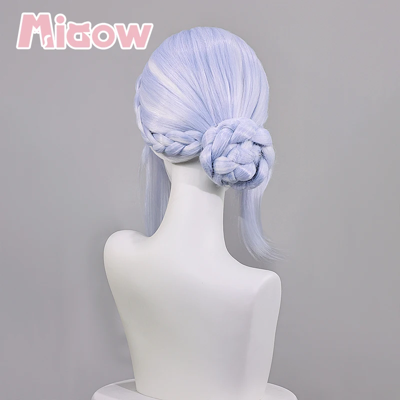 Genshin Impact Odette Cosplay Wig, Light Blue Gradient White Braided Bun Updo Heat Resistant Synthetic Wig