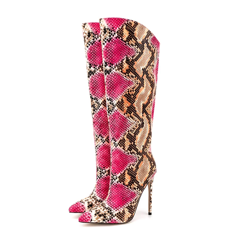 Size 34-47 Snake Patterned Women Knee Length Boots European American Autumn Winter Sexy Slim Fitting 12cm High Heel Long Boots