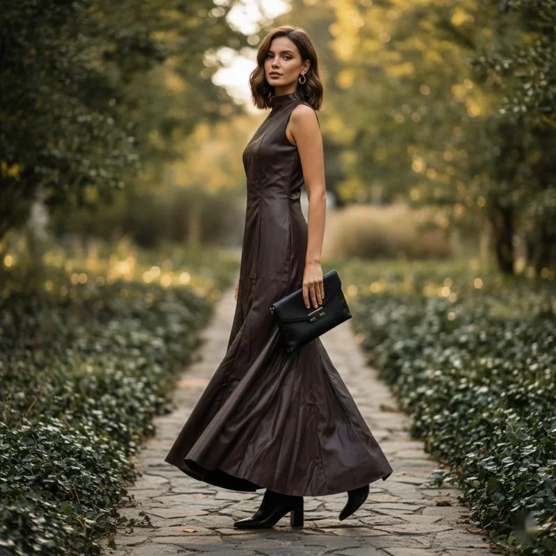 

Women Faux Leather Sleeveless Maxi Dress High Neck High Waist Bodycon Mermaid Gown For Evening Party Cocktail Date Night Formal