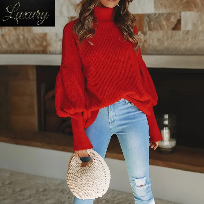 

Turtleneck Red Winter Sweater Women Knit Lantern Sleeve White Female Loose Oversized Pullover Knitted Jumper