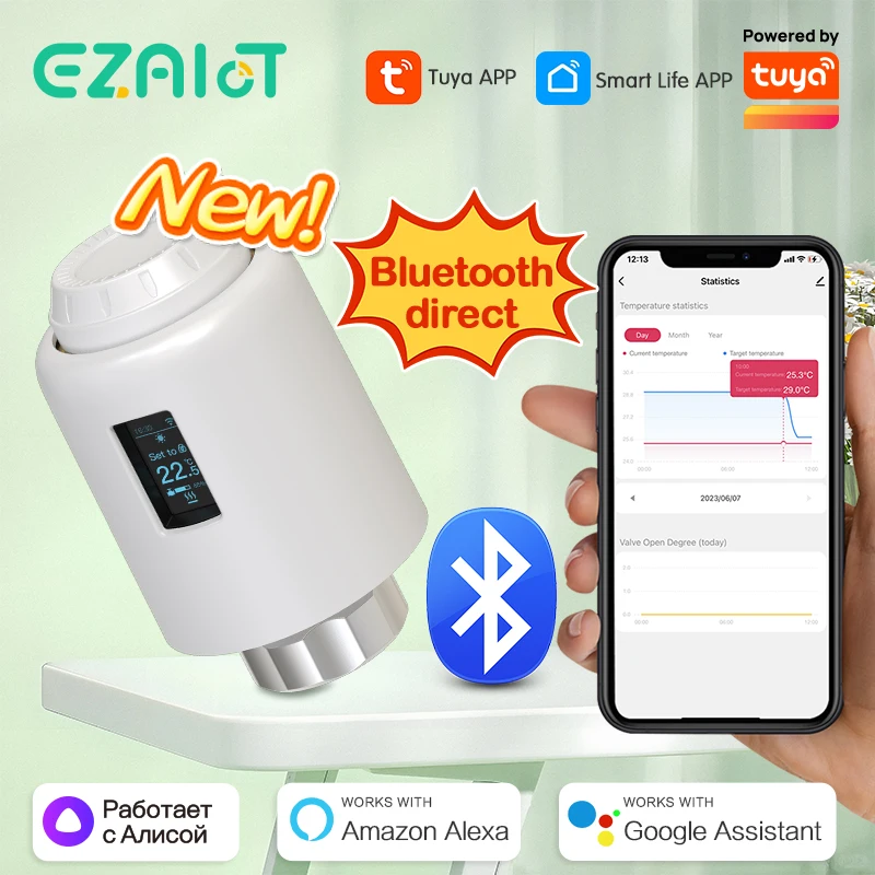 Smart Thermostatic Radiator Valve Actuator Bluetooth TRV Tuya Programmable Heating Temperature Controller Alexa Google Assistant