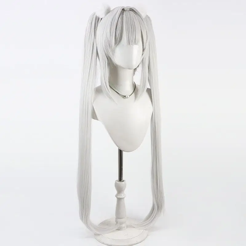 ゲームブランコスプレウィッグ白ウサギ白ロングダブルポニーテールコスプレウィッグポンポン付きコミコンパーティー大人女性男性