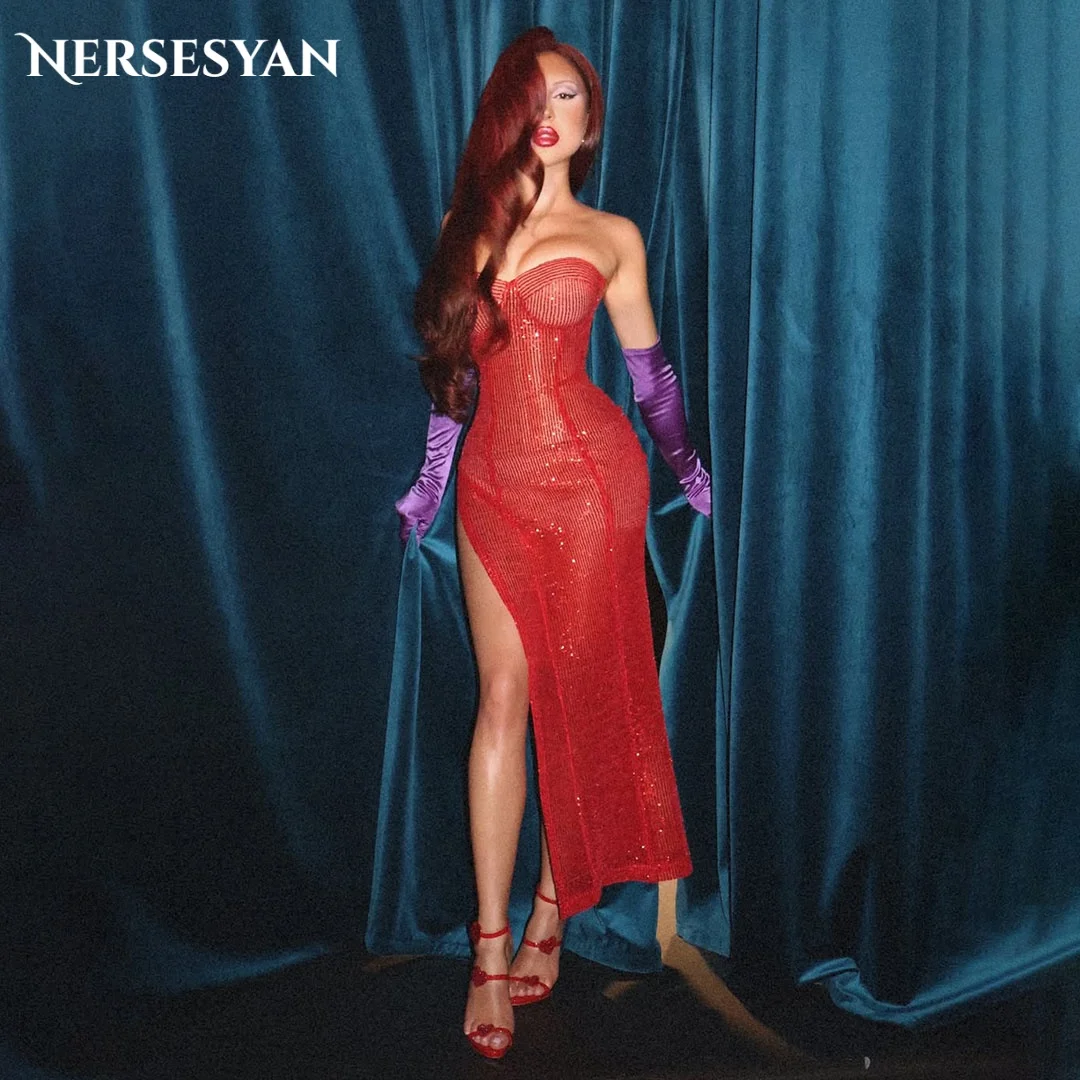 

Nersesyan Luxury Glitter Mermaid Red Evening Dresses Off Shoulder Sequin Side Slit Formal Dress Women Party Gowns Customized