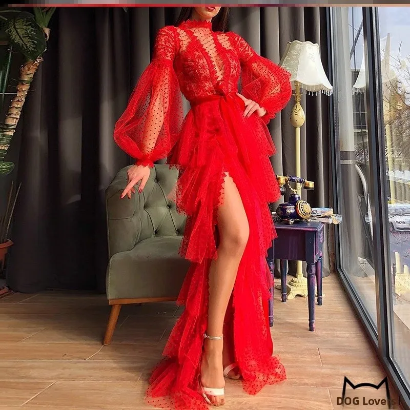 Seksowna Czerwona Prześwitująca Asymetryczna Sukienka Wieczorowa Dr Par Ślubna Suknia Wieczorowa Dr Długa Latarnia Sve Wysoki Stan Linia A...