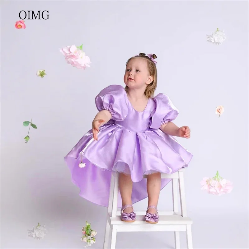 

OIMG фиолетовое платье с круглым вырезом и асимметрией для девочек-цветочниц с пышными рукавами, свадебное платье длиной до колена, платье на день рождения niñas по индивидуальному заказу