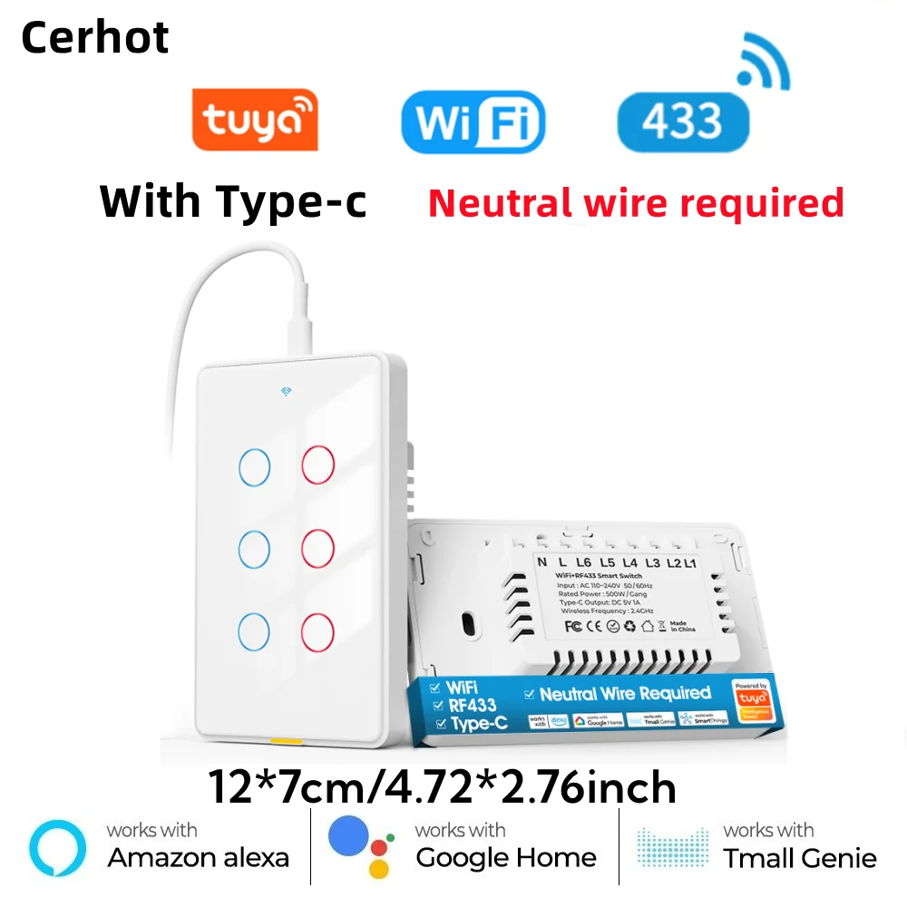 

Cerhot Tuya WiFi Wireless Smart Light Switch RF433 US 110-240V Set Timer 6 Gang Voice App For Tmall Genie, Alexa, Google Home