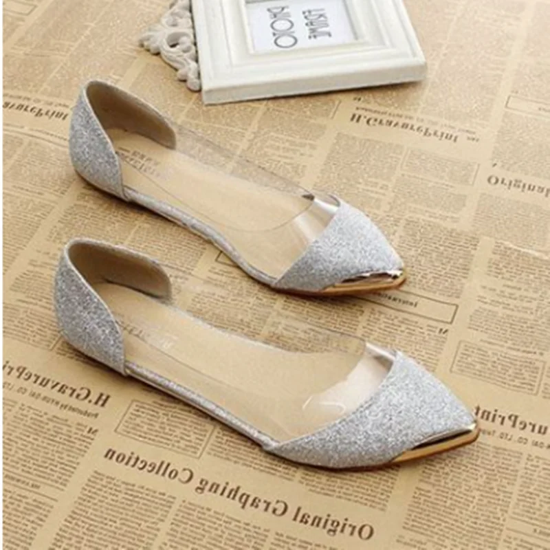 Female Hot Selling Mixed Colrs Metal Toe Flats Bling Shoes Fashion Slip-Ons Pointy Shallow Mouth Wide Fitting 43-34 Gold Silver