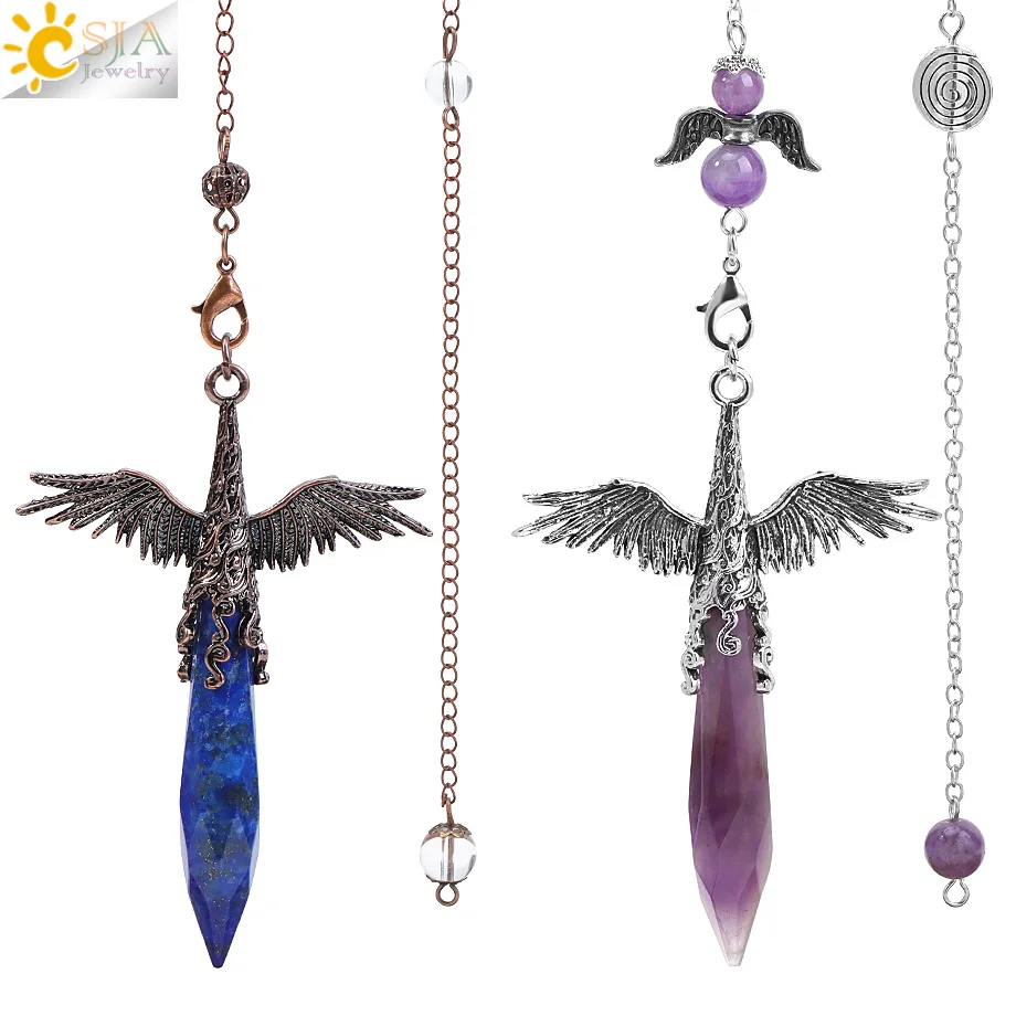 CSJA Péndulo de cristal de ala de Ángel Reiki para adivinación, colgante de punto de cuarzos piedra preciosa Natural cuarzo rosa, ojo de tigre, lapislázuli, obsidiana , amatista pendulos adivinacion profesional testigo
