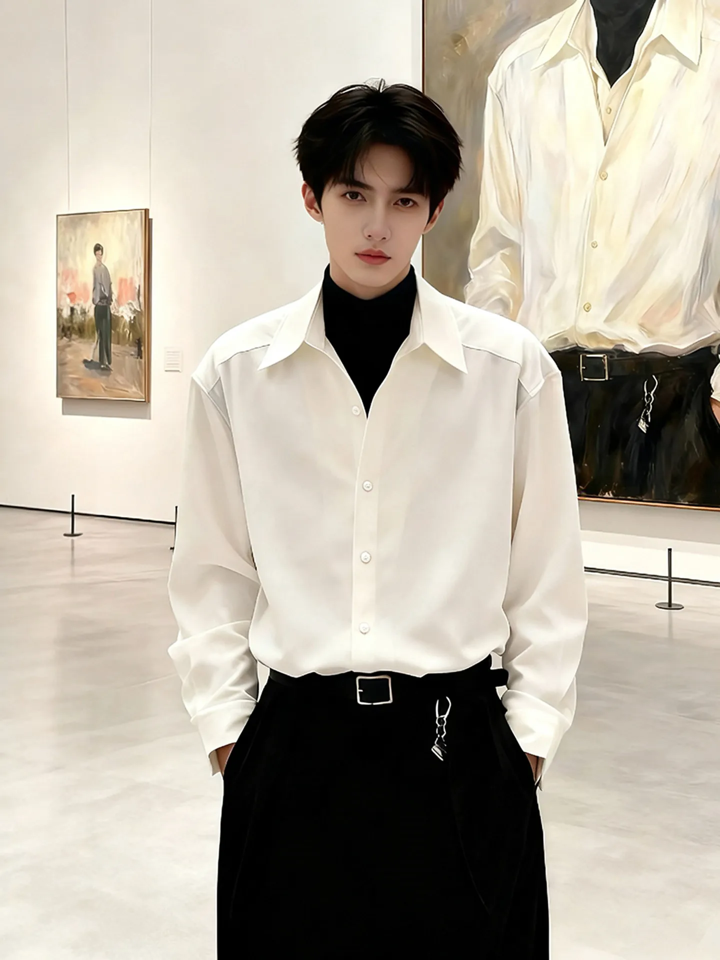 White Fleece Lined Shirt Men's Autumn Winter British Style Suit Inner Wear Thickened Stand Collar Long Sleeve Standard Fit Shirt