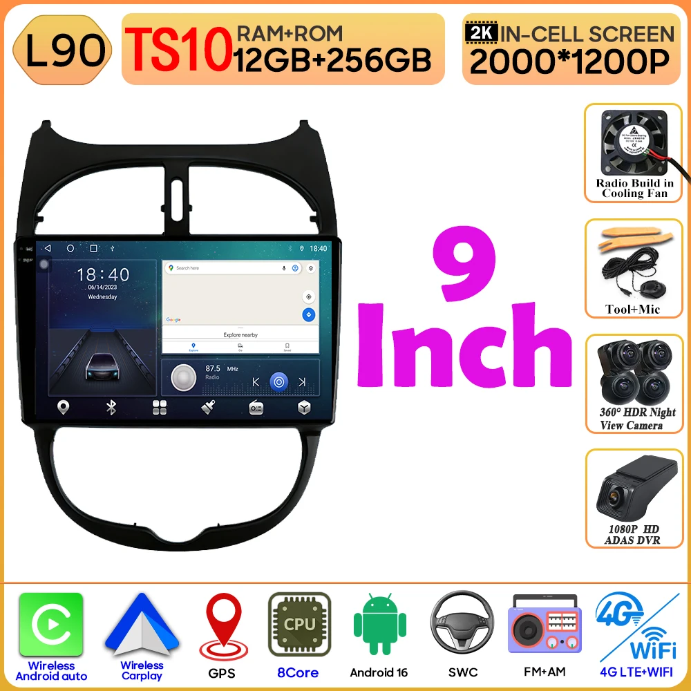 Android 16 autoradio voor Peugeot 206 206CC 1998-2012 autoradio Bluetooth 4G Wifi GPS navigatiescherm draadloze Carplay monitor