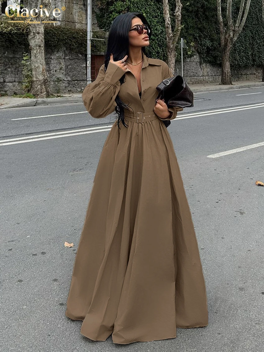 Clacive Fashion Loose Brown Women's Dress 2025 Casual Lapel Long Sleeve Maxi Dresses Elegant Classic Belt Slit Female Dress