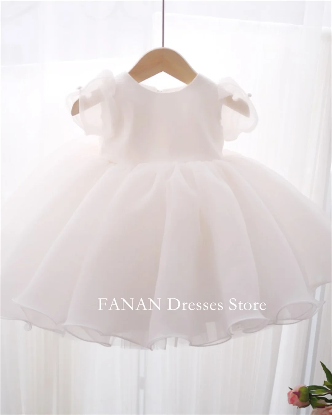 FANAN-Vestido de Baile Elegante Princesa Organza para Crianças, Vestidos Bonitos Flower Girl, Laço Branco, Festa de Aniversário, Primeira Comunhão