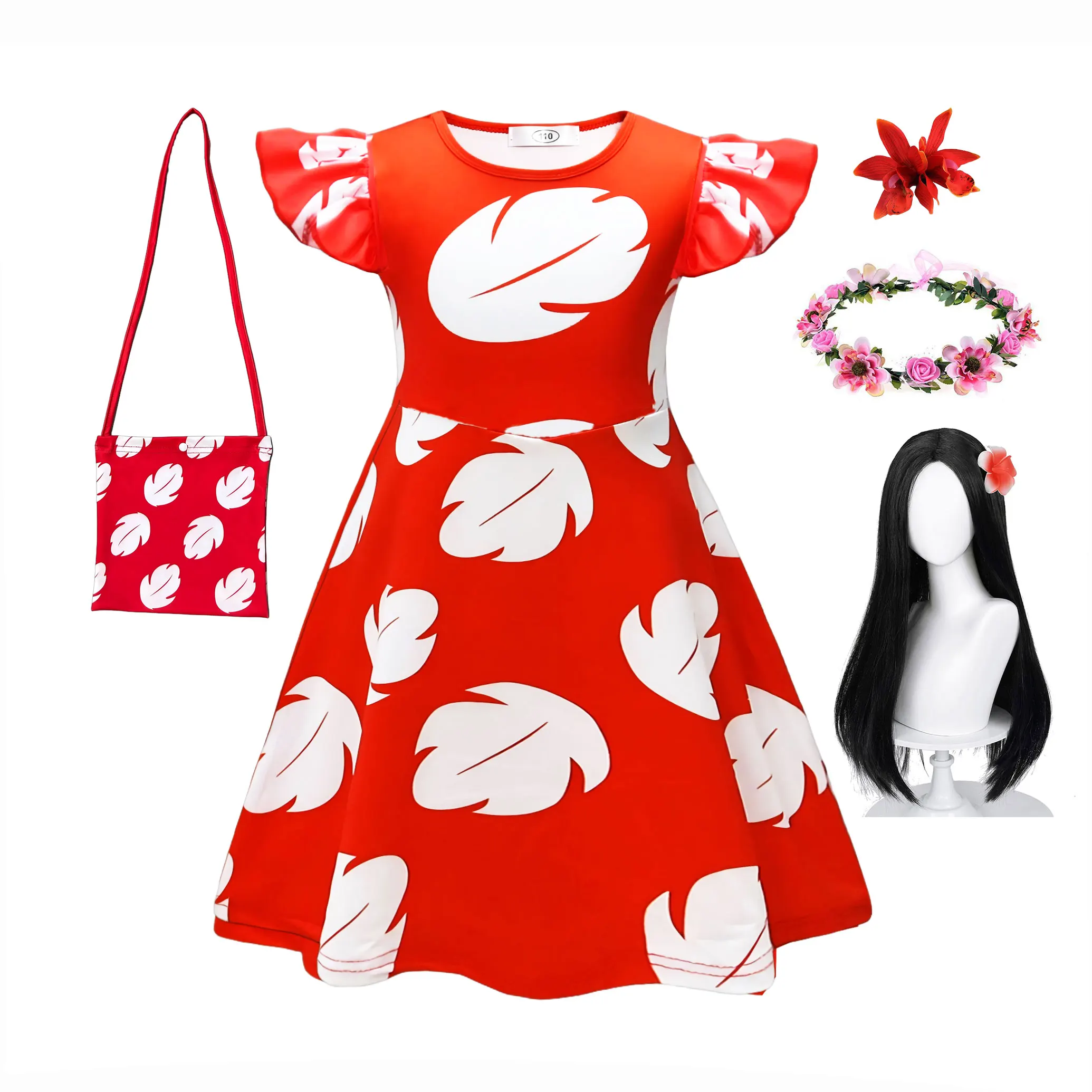 Hawaiianisches Mädchen-Kleid in Rot mit weißen Federn, Sommerliches Strandkleid, Kostüm für Rollenspiele, Niedlicher Ohana-Geist, 2-12 Jahre