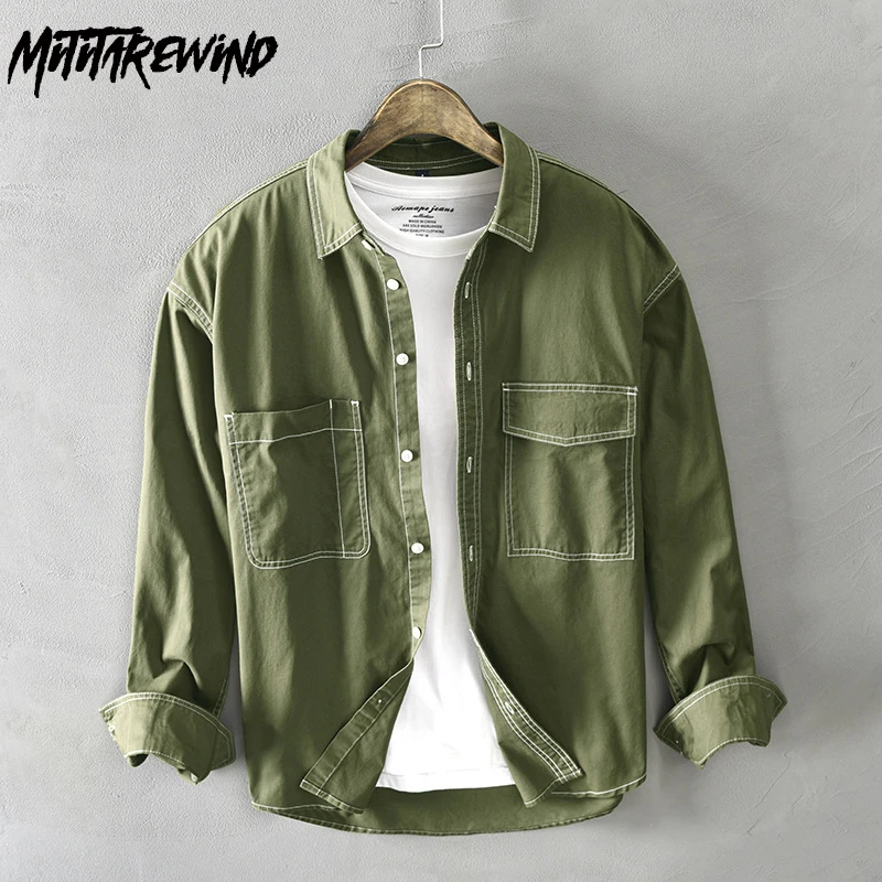 

Spring Fall New Mens Long Sleeve Shirts Korean Fashion Men Loose Cargo Shirt Causal Pure Cotton Shirt with Double Pocket Youth