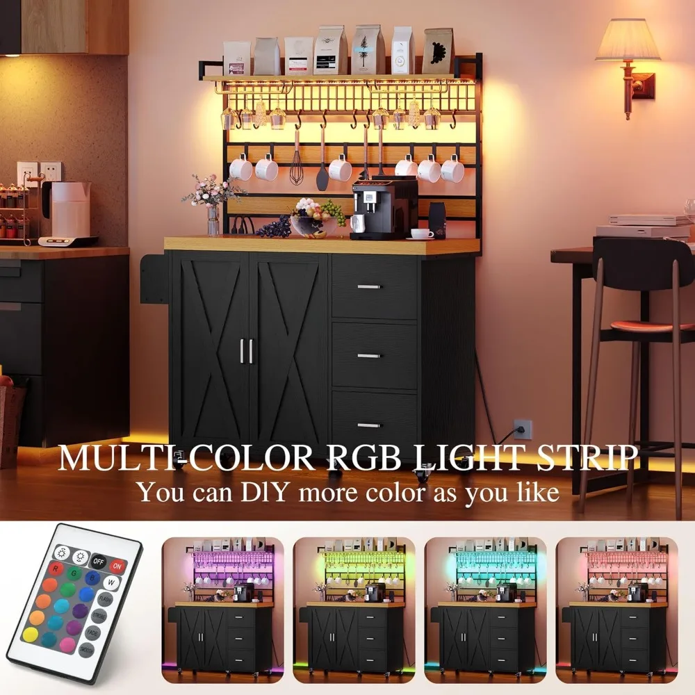 Armário de bar de café de fazenda com tomada de energia e led, armário de bar de vinho de 53 polegadas com armazenamento, prateleira alta sobre rodas, 3 gavetas,