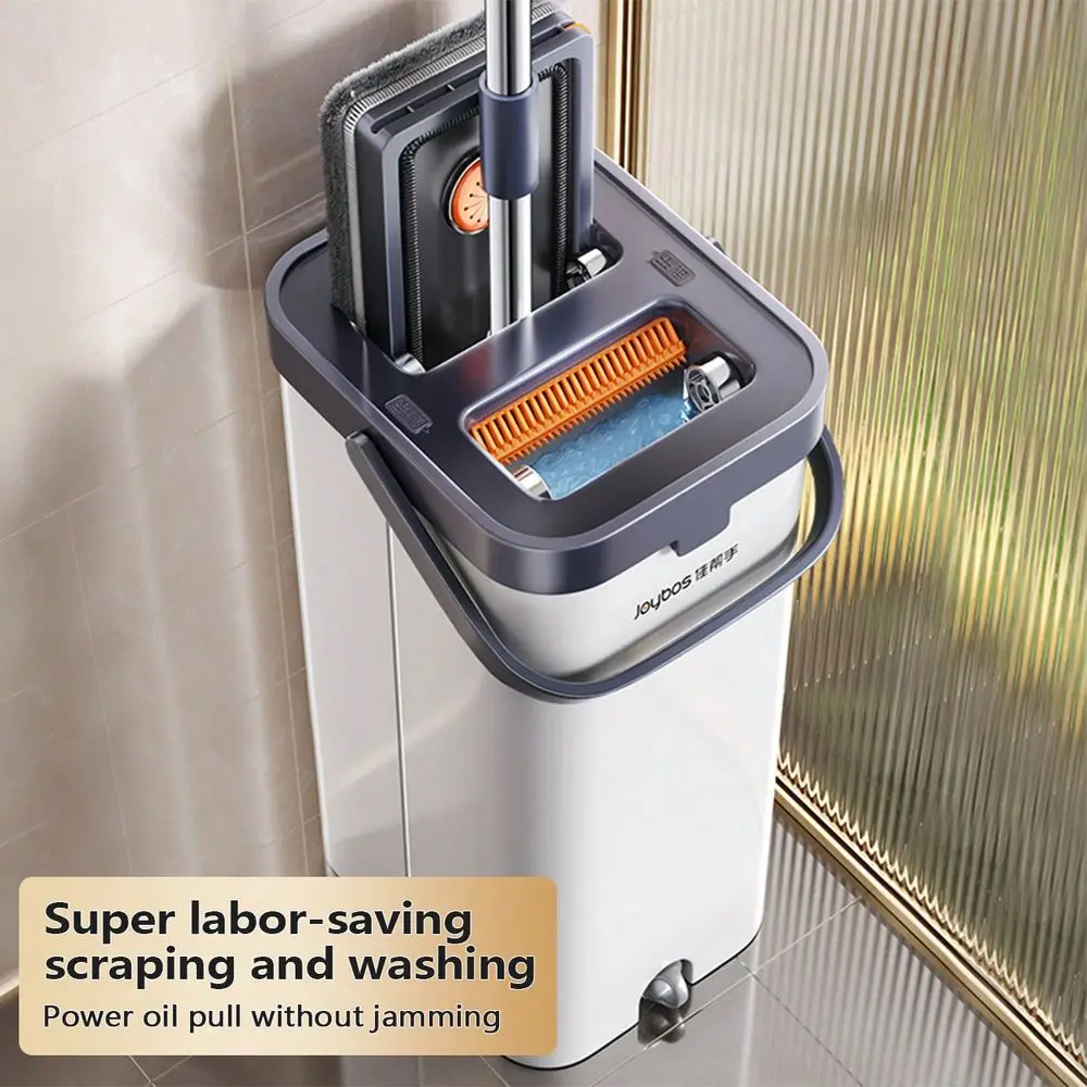 1 Pc Flat Mop And Bucket Set, Flat Mop With Scraper, With 2PCS Washable Composite Microfiber Mops Pad, With SelfCleaning System