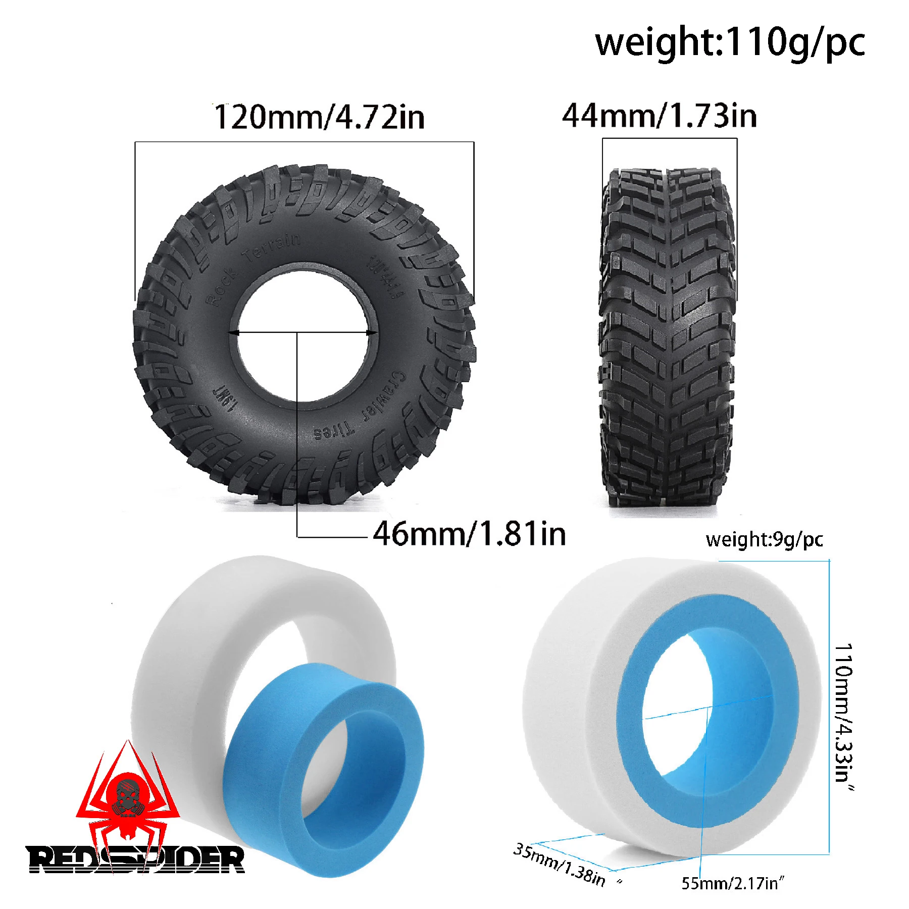 

EVA Dual Stage Foam Fit 4pcs 1.9" 100-110mm Wheel Tires for 1/10 RC Crawler Axial SCX10 90046 TRX4 Gen8 VS4-10