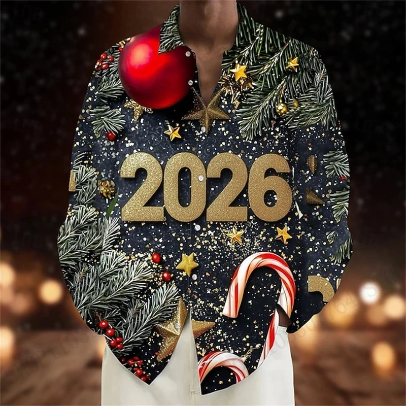 جديد رجل جديد 2026 عيد الميلاد كم كامل قميص سانتا كلوز ثلاثية الأبعاد طباعة قميص هاواي صيفي الرجال النساء موضة القمصان الفاخرة نمط السنة الجديدة #5