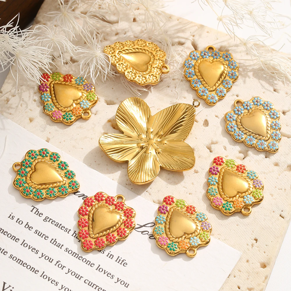 1-5pcs Heart Charm Enamel Flower Stainless Steel Charms for 