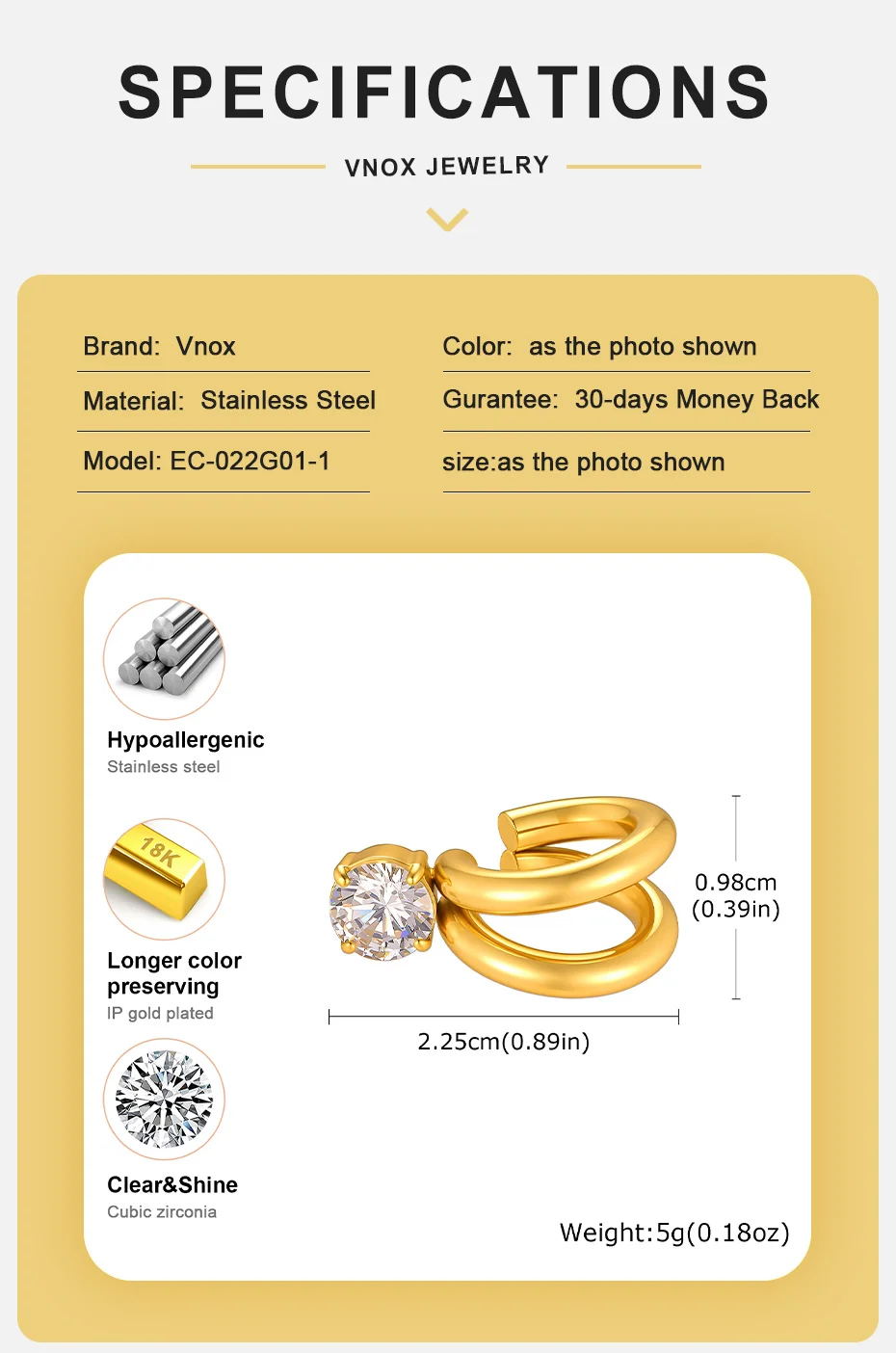 Vnox 18K Gold PVD-beschichteter AAA Zirkon Doppelschicht-Clip-Ohrring für Damen, Edelstahl, glänzende Kristall-Ohrringe, Partyschmuck – Detail 4